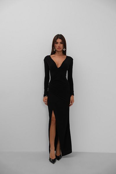 Black Fashion Double Breasted Neckline Maxi Black Dress