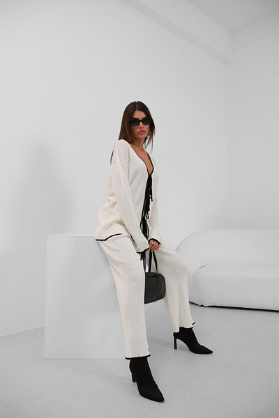 Black Fashion Lace-Up and Piping Detailed Cardigan Trousers Knitwear Ecru Set