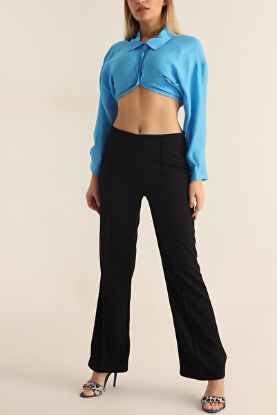 VıoShıne Kadın Çimalı Likralı Yüksek Bel Ispanyol Paça Pantolon