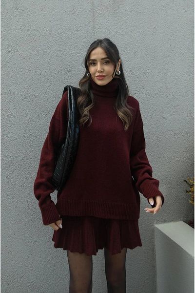 VOLT CLOTHİNG Damen-Set mit plissiertem Minirock, Fischerpullover, Unterteil und Strickwaren
