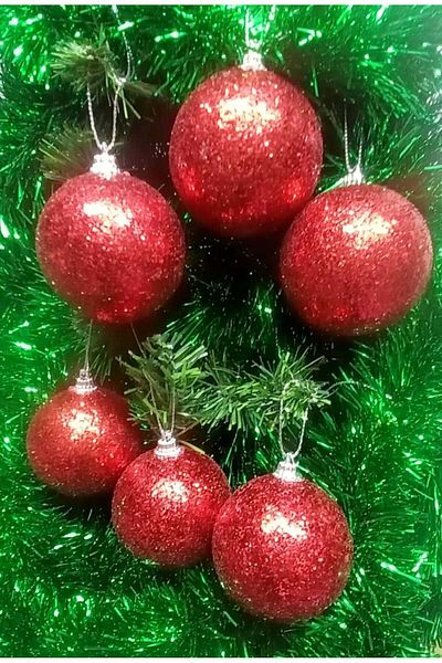asöy Christmas Tree - 6 cm Red Glitter Ball, 6-Piece Red Glitter Snowy Sphere Ornament