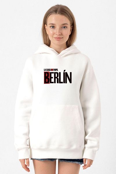 Tshirthane La Casa De Papel Berlin White Women's 3ip Hooded Sweatshirt