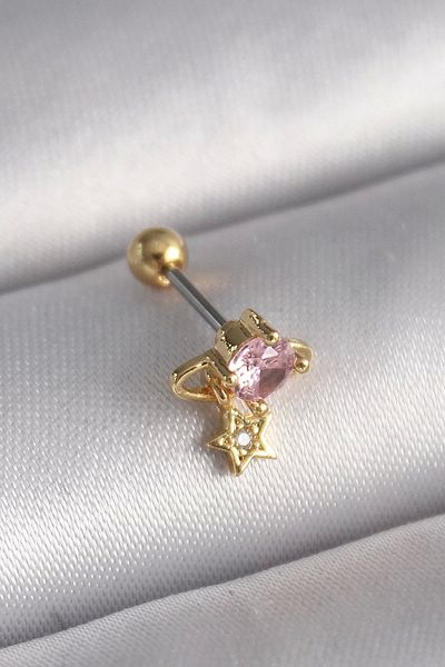 robotrend 316L Steel Gold Color Pink Zircon Stone Dangle Star Detail Tragus Piercing