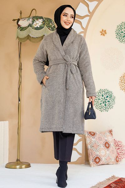 Neva Style Șapcă Hijab cu dungi bej - 60012BEJ