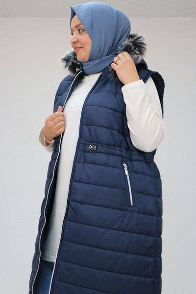 Eslina 44005 Plus Size Detachable Hooded Quilted Vest - Navy Blue