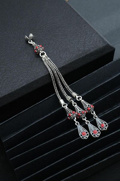 dergah tesbih 3-Piece Red Enameled Handcrafted Silver Tassel