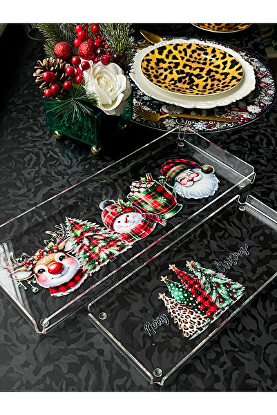 Queen Bee İstanbul ?Yılbaşı Temalı Dekoratif Pleksi Tepsi ve 4'lü Bardak Altı Seti?