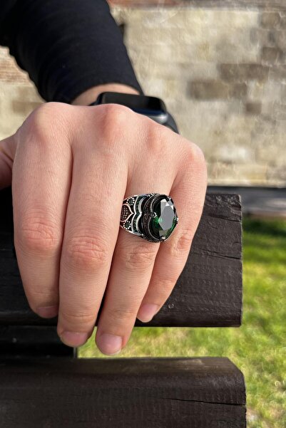 dergah tesbih Kapadokya Serisi Zümrüt Yeşili 925 Ayar Gümüş Erkek Yüzük