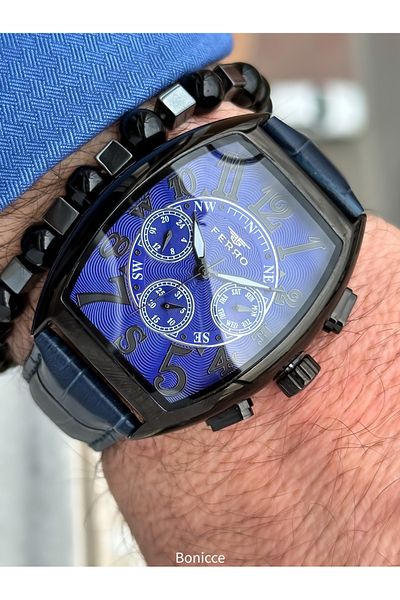 FERRO Ferrro Brand Navy Color Leather Cord Functions Active Men Wristwatch Bracelet Rosary