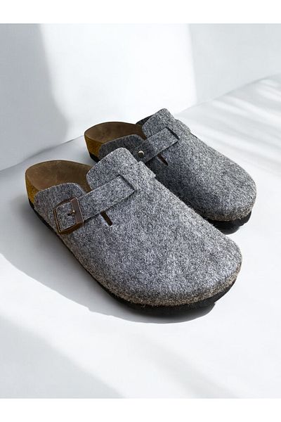 DİLEK SHOES Gray Felted Comfortable Anatomical Sole Slippers