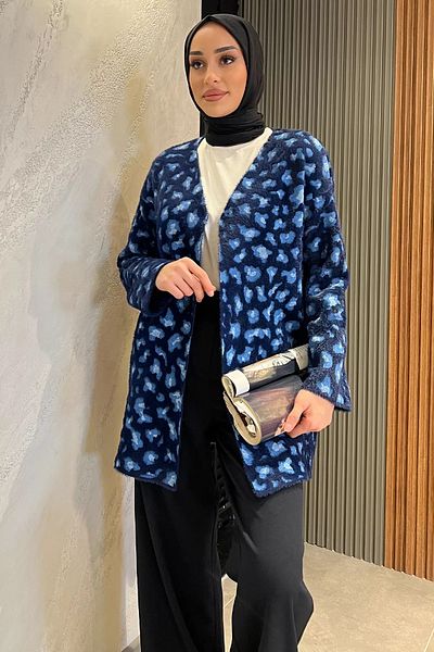 julude Ζακέτα με μπλέ λεοπάρ γένια Hijab πλεκτή ζακέτα