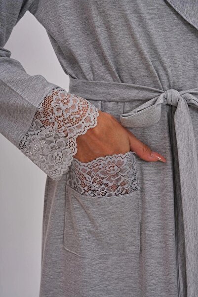 Mecit Pijama Women's Long Length Cotton Dressing Gown with Belt Tie Sleeves and Laced Pockets