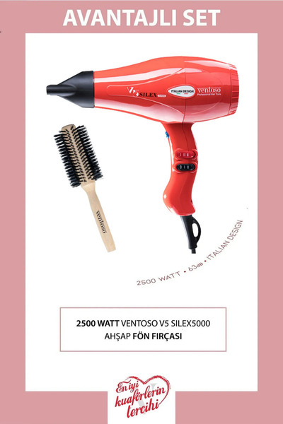 Ventoso V5 Silex5000 2500 W Profesyonel Fön Makinesi Kırmızı Ahşap Fön Fırçalı