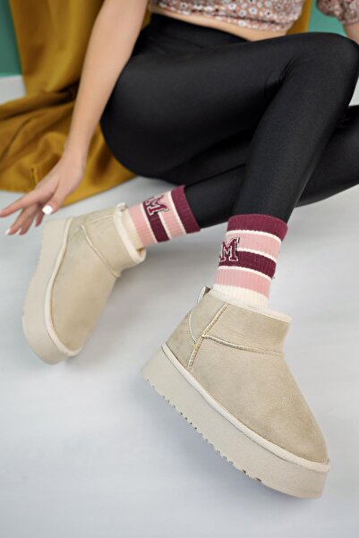 Aymood Women's Nude Suede Ankle Boots with Feather Inside Thick Sole Shoes