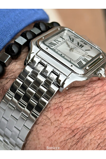 FERRO Silver Color Steel Band, White Roman Numerals Dial, Square Case Men's Wrist Watch+ Rosary Bracelet