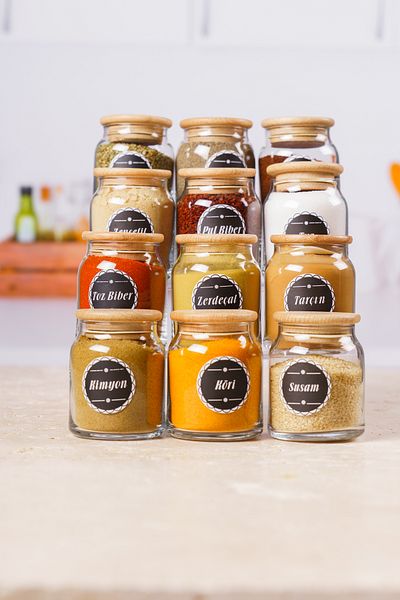 KRM HOME 300 Cc 12 Pieces Black Spice Holder Glass Jar Set - Wooden Vacuum Lid