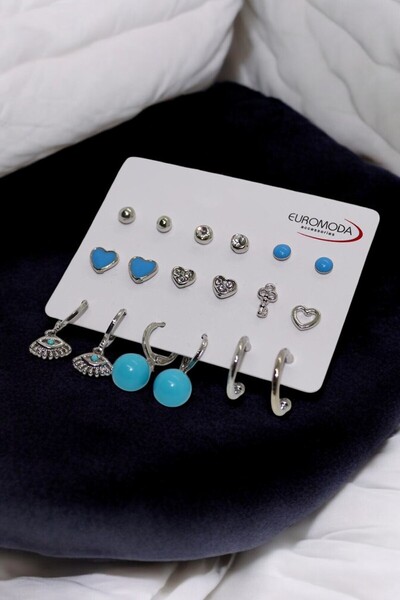 EUROMODA Turkuaz Kalp Göz ve İnci Küpe Tasarımlı Halka Tektaş ve Top Küpeli 9lu Küpe Seti