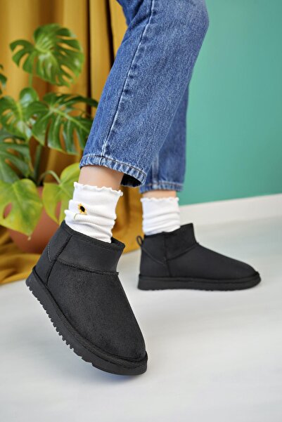 Aymood Kadın Siyah Süet Yarım Bot Içi Tüylü Kalın Taban Ayakkabı