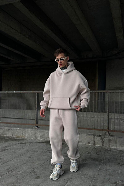 YAKAMEL Men's Beige 3 Thread Ş Fleece-Lined Tracksuit Set
