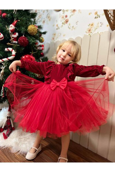 miabambim Red Velvet Dress and Bandana Set for Girls - with Fluffy Skirt