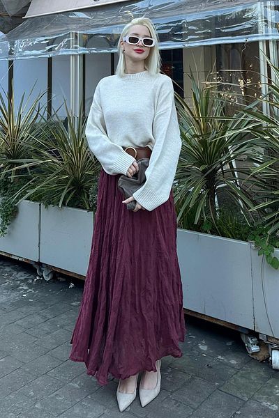 Madmext Burgundy Wrinkled Pattern Midi Length Women's Skirt Mg2266