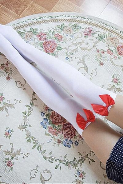 Peille Women's White Sexy Red Bow Garter Stockings