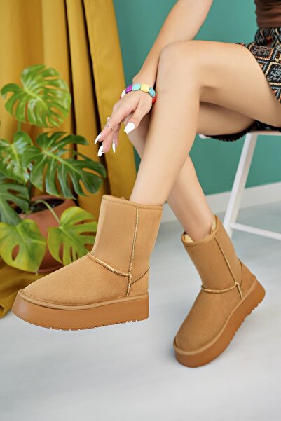 Aymood Women's Tan Suede Ankle Boots with Furry Thick Sole Shoes