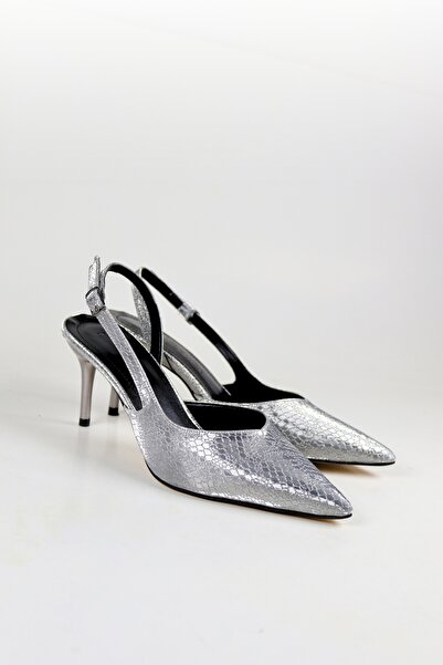 NiceDiffer Silver Leaf Printed Women's Evening Dress Thin Heeled Shoes