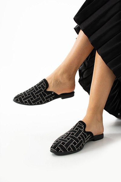 Moda Devrin Papuci de casă și exterior cu vârf labirint din nubuc negru