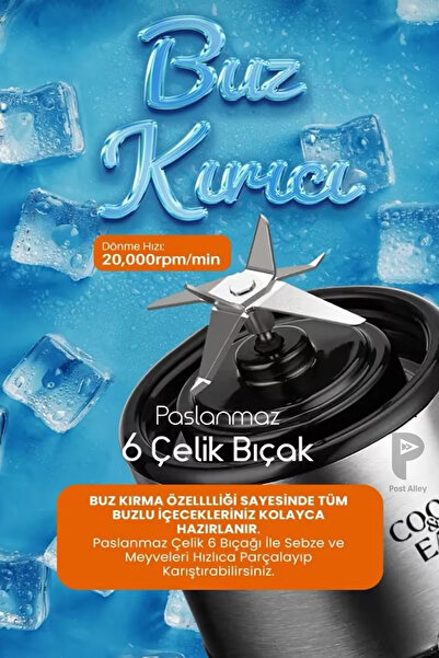 post alley Şarjlı Taşınabilir Smoothie Blenderi (450 ml)+ Ekstra Bardak (350 ml )
