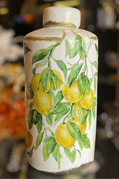 LEMİ DEKORASYON Limon Desenli Kapaklı Vazo 28 Cm