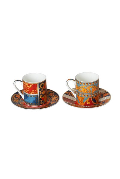 Lucky Art Florance Bone China Porselen Mavi Kırmızı Barok Desenli 2 li Kahve ...