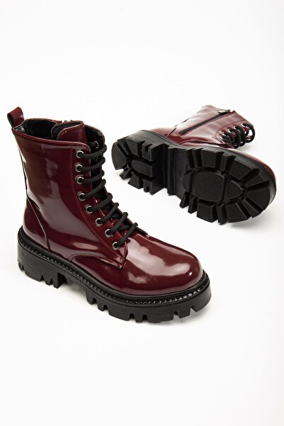 Aymood 812-356 Claret Red Patent Leather Laced Zippered Daily Women's Boots