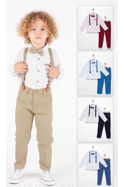 Dastini Boy's Oxford White Polka Dot Shirt and Bow Tie Beige Pants Set
