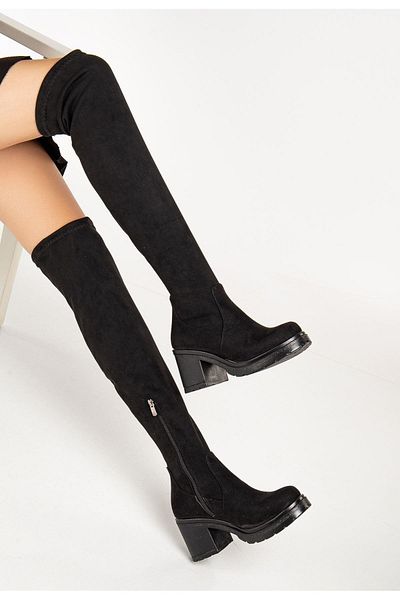 Aymood 767-3010 Μαύρα Suede Stretch Daily Γυναικείες Μπότες με χοντρό τακούνι