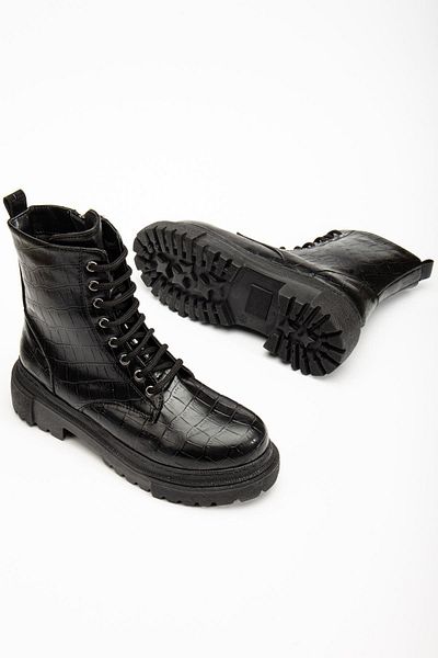Aymood 812-356 Black Crocodile Lace-Up Zippered Daily Women's Boots