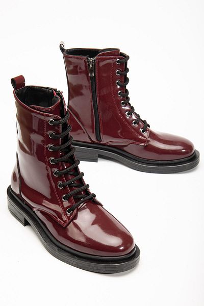 Aymood 2024-2289 Claret Red Patent Leather Lace-Up Zippered Daily Women's Boots