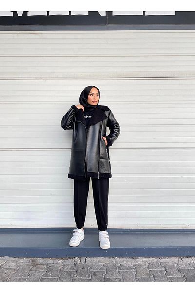 Minel Women's Black Zippered Leather Coat 001