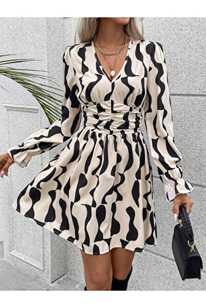 EyesOf Women's Long Sleeve Waist Drawstring Detail Elastic Sleeves Diver Midi Dress