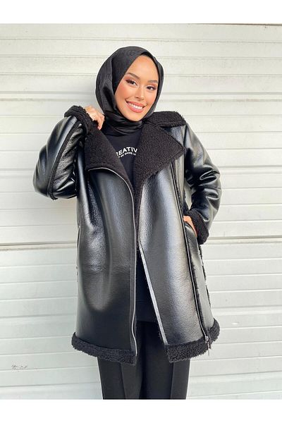 Minel Women's Black Zippered Leather Coat 001