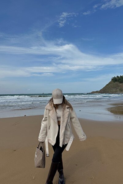 VESS MODA Γυναικείο Παλτό Biker Cream Suede με Μεταξωτή Γούνα