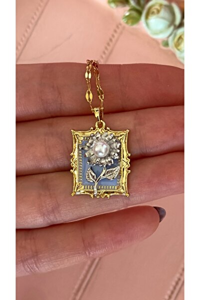 Opia JEWELRY - Vintage Model Ayçiçeği Çelik Tablo Kolye (45+5CM)