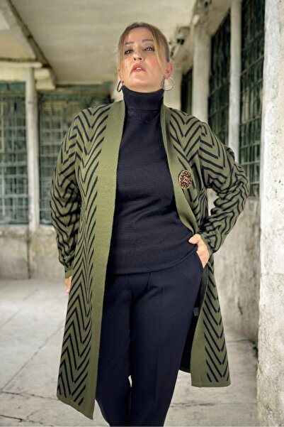 yagmurberen China Patterned Broch Detailed Long Sleeve Shal Collar Large Size Knitting Cardigan