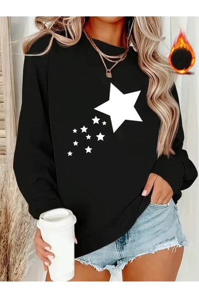 WOODROFFE سويت شيرت نسائي أسود كبير الحجم برقبة دائرية وطبعة نجمة