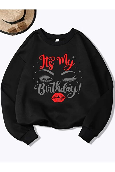 WOODROFFE Hanorac negru oversize pentru femei La mulți ani - decolteu, imprim...