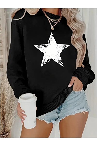 WOODROFFE سويت شيرت نسائي أسود كبير الحجم برقبة دائرية وطبعة نجمة