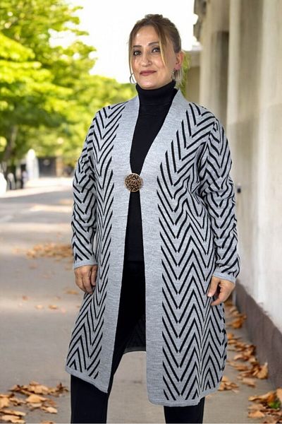 yagmurberen China Patterned Broch Detailed Long Sleeve Shal Collar Large Size Knitting Cardigan