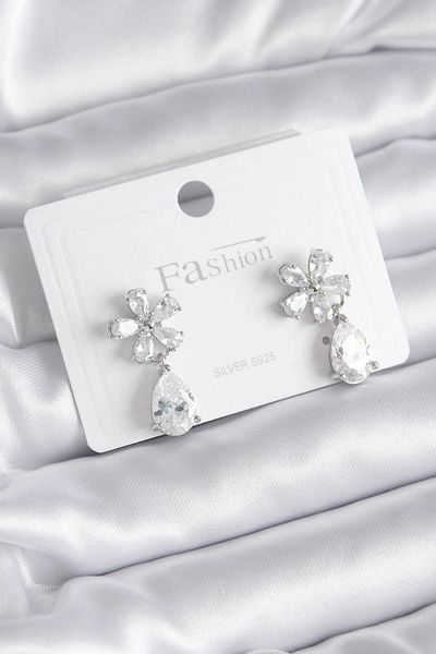 Clariss Brass Silver Color Zircon Stone Flower Model Drop Model Women's Earrings
