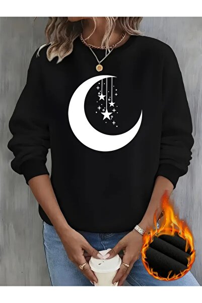 WOODROFFE سويت شيرت نسائي أسود كبير الحجم برقبة دائرية وطبعة نجمة