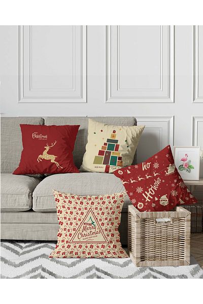 menesahome New Year's Themed Deer Pattern on Red Backdrop Dijiatal Printed Seat Pillow Throw Pillow Cover